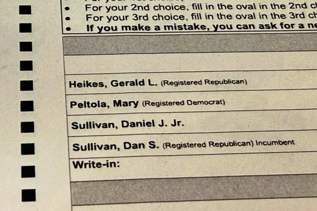 A sample election ballot is displayed in Anchorage, Alaska, on Friday, Oct. 23, 2026.