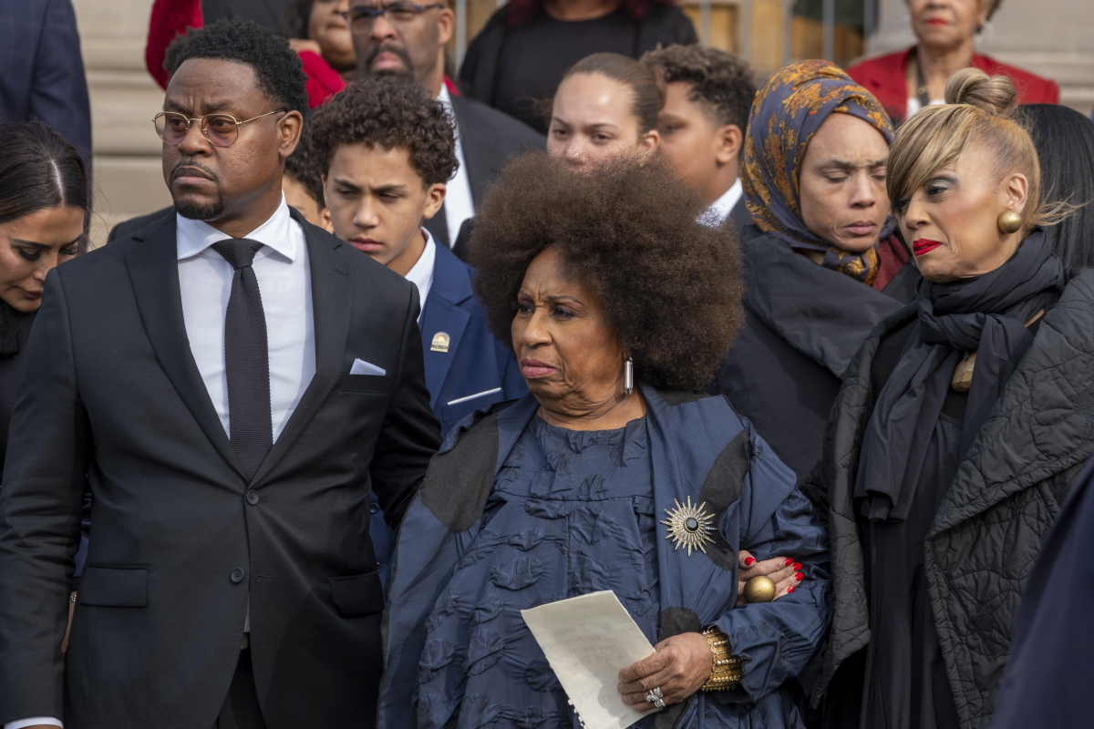 Jacqueline Jackson, the widow of the Rev. Jesse Jackson, is supported by her daughter Santita Jackson outside the headquarters of the Rainbow PUSH Coalition following Jackson's homegoing service on Saturday.