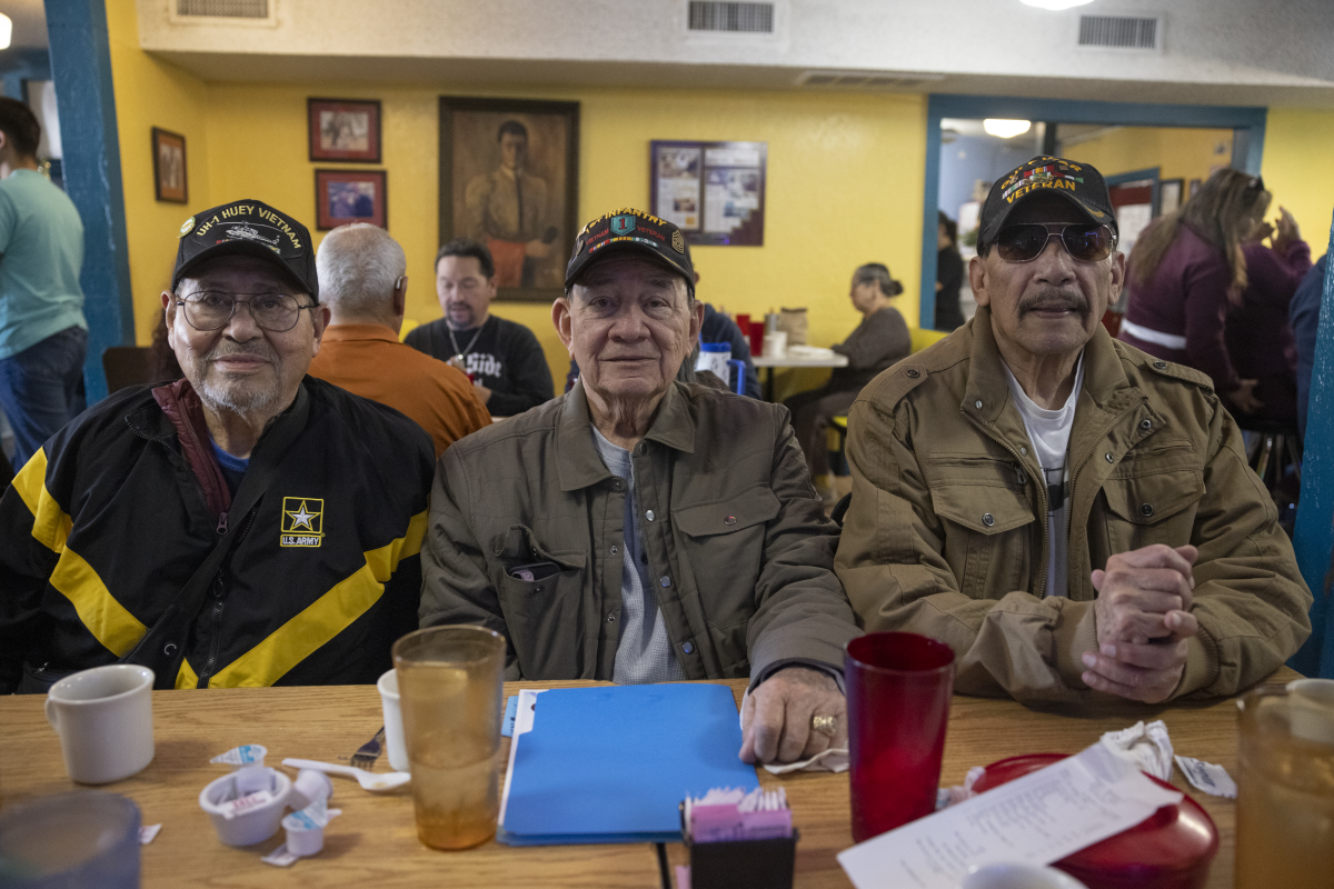 Army veterans from left to right Frank Maldonado, Benny Aleman, and Chris Sanchez meet for breakfast at Joe's Bakery in Austin, Texas on Jan. 28.