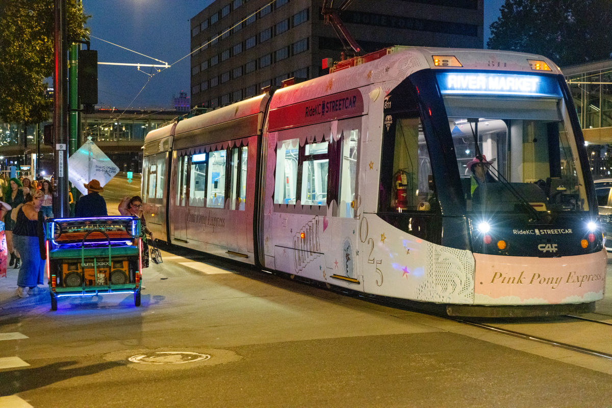 The city's streetcar, decorated as the 'Pink Pony Express,' stops at Union Station in downtown Kansas City, near the National WWI Museum and Memorial, the site of Chappell Roan's concert Friday.