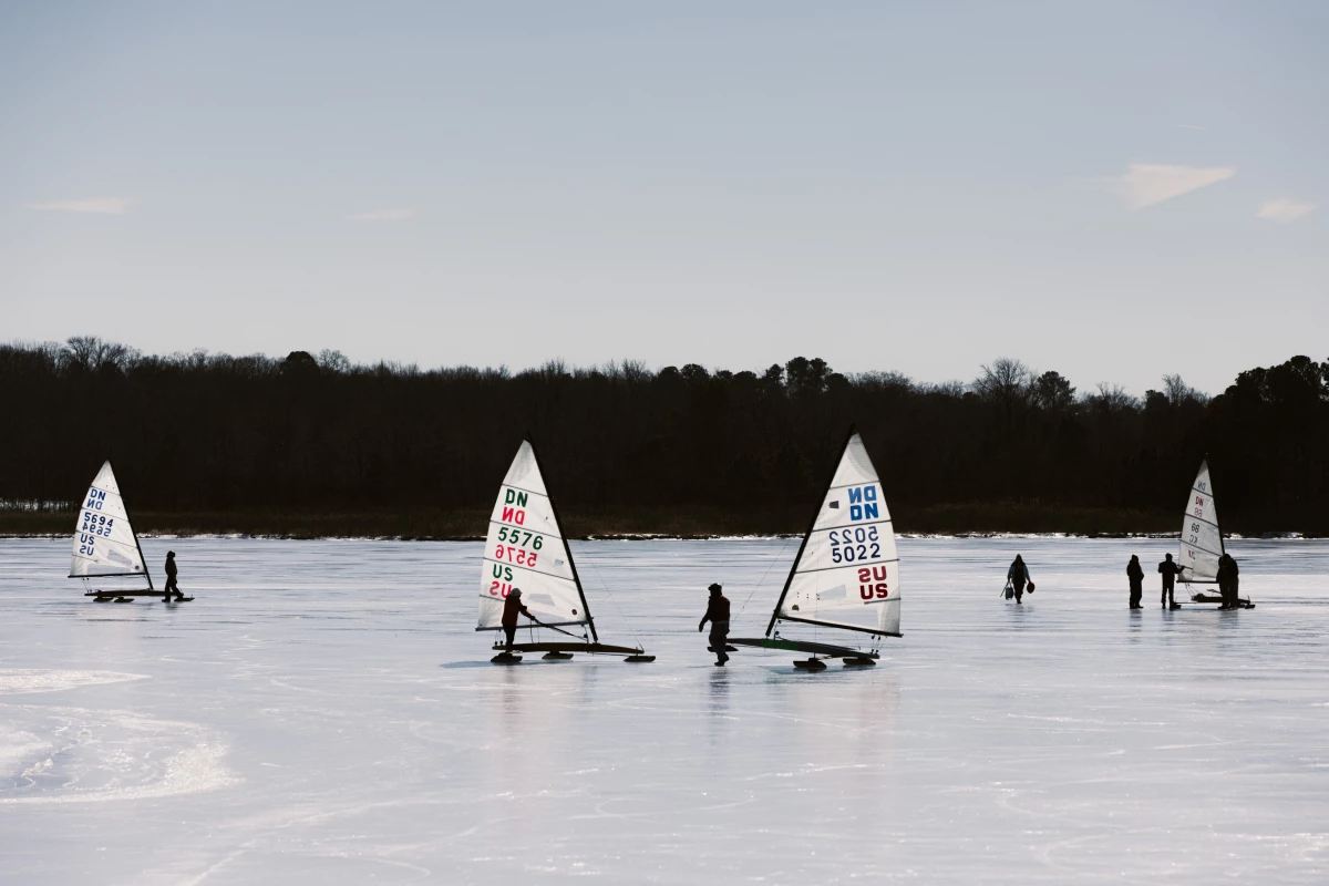 A dozen ice boats set up this year in Claiborne Cove on Maryland's Eastern Shore. The combination of low temperatures, sleet and wind created a huge sheet of sheer ice, perfect conditions for ice boating in an area where the brackish water rarely freezes.