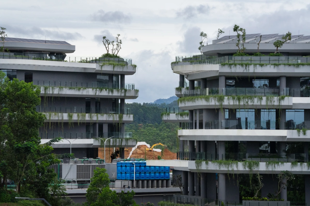 Construction work can be seen between some of the new buildings in Nusantara.