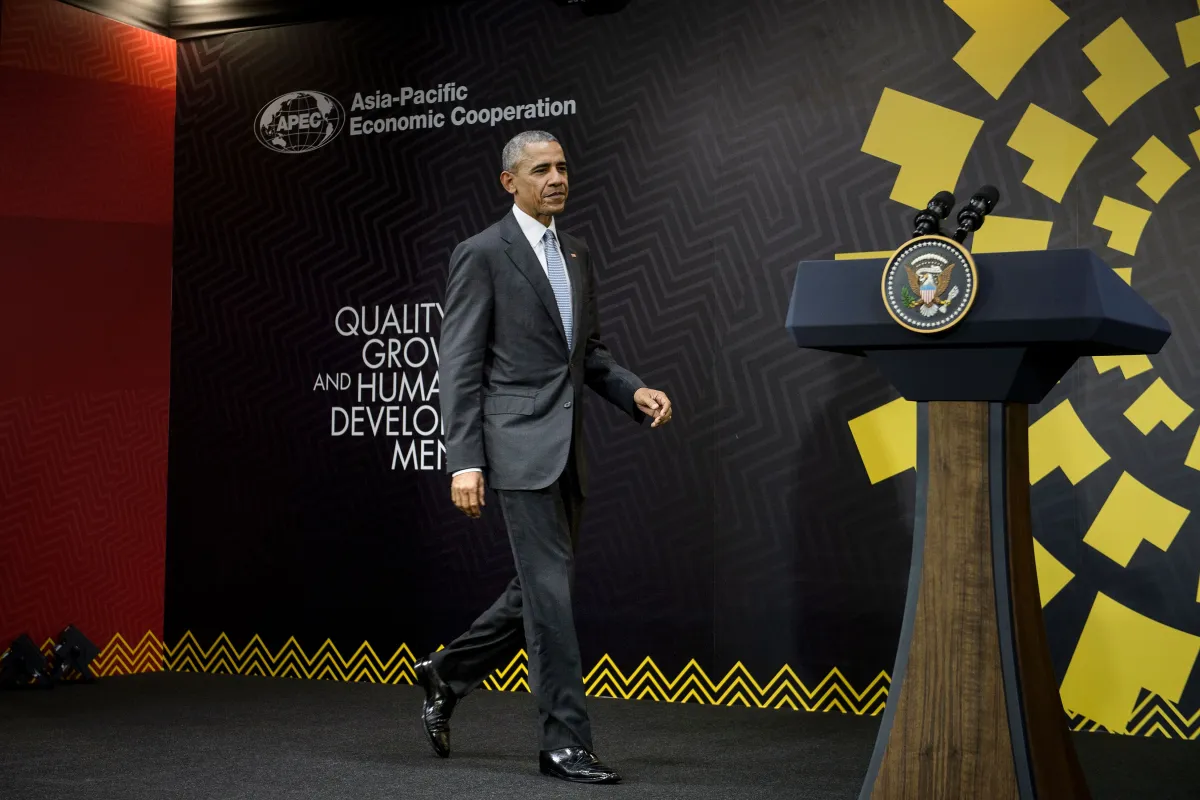 President Barack Obama arrives for a press conference after attending the Asia-Pacific Economic Cooperation summit on Nov. 20, 2016 in Lima, Peru.