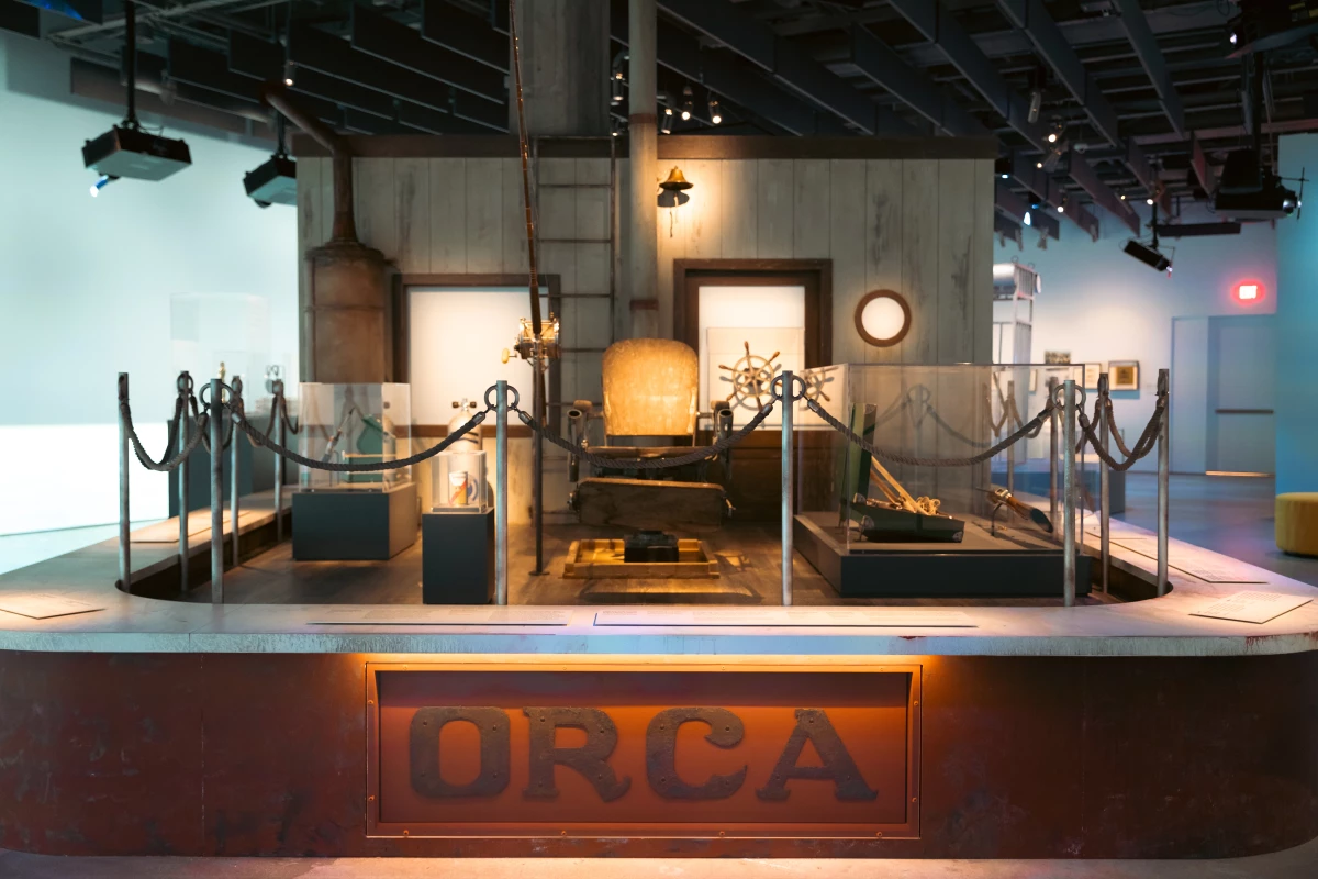 A recreation of the film's doomed fishing boat, the Orca, is on display at the exhibit.