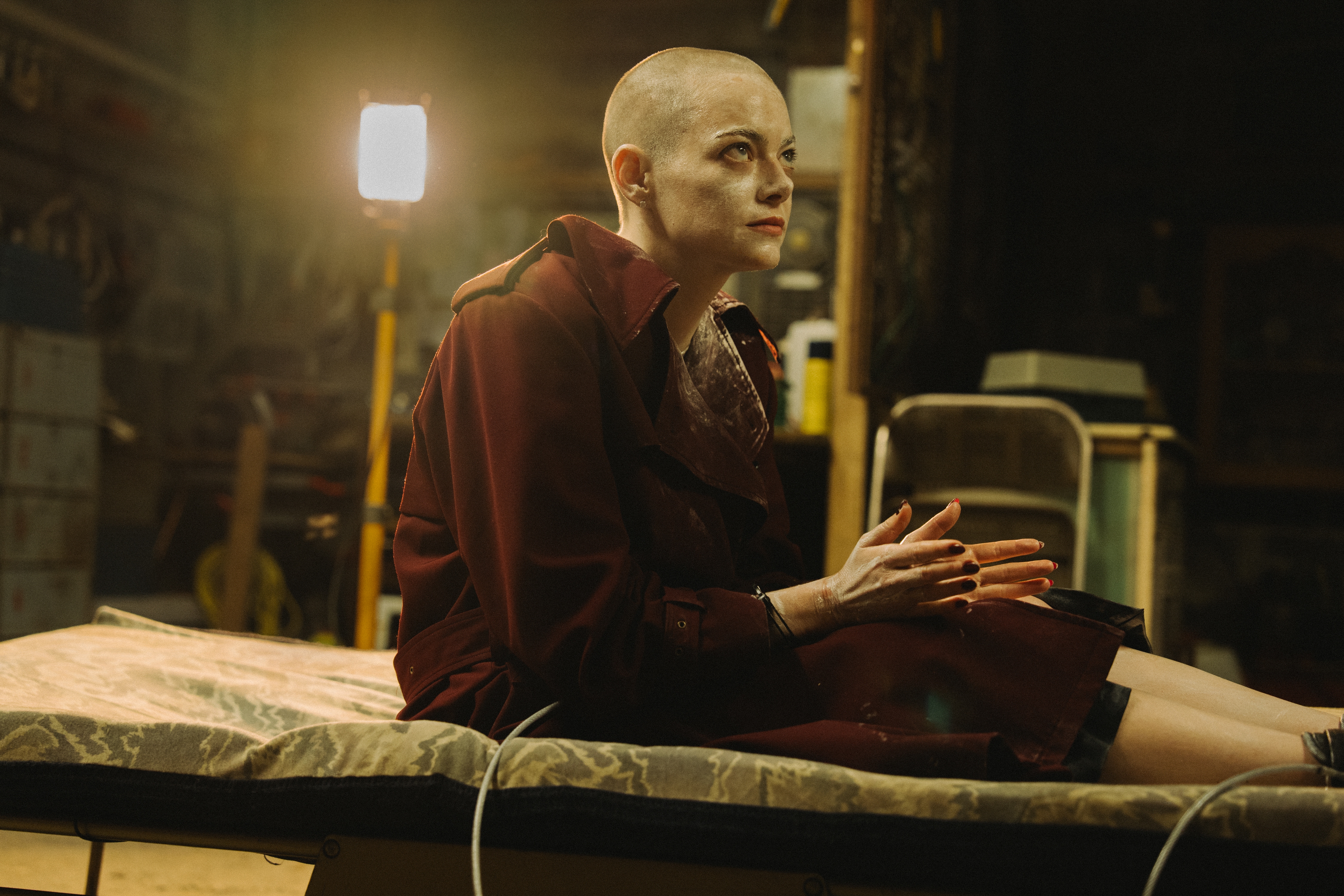 Emma Stone stars as high-powered CEO Michelle, abducted by a pair of cousins who believe she is an alien, in director Yorgos Lanthimos' <em>Bugonia</em>. (Focus Features)