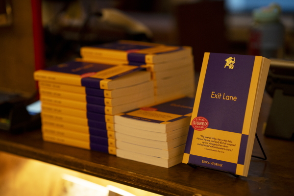Erika Veurink's debut novel, Exit Lane is displayed at Strand Bookstore in New York City.
