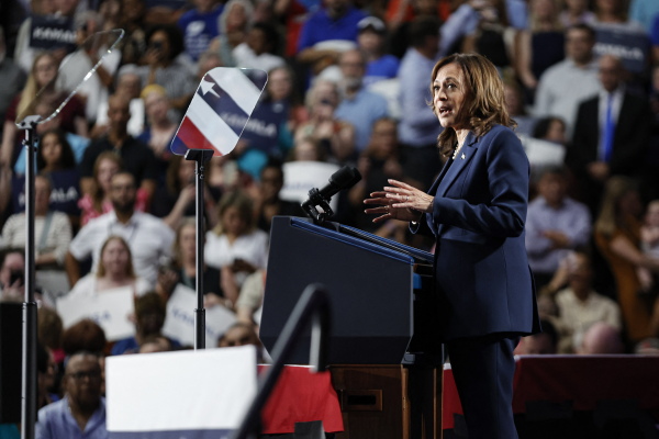 US Vice President and Democratic Presidential candidate Kamala Harris speaks at West Allis Central High School during her first campaign rally in Milwaukee, Wisconsin, on July 23, 2024.
