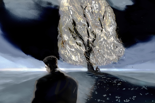 Monochrome illustration showing a person in the distance bent over in grief sitting underneath a willow tree. In the foreground, a figure stands with its head bent next to a path leading to the tree, symbolizing a loved one who is unsure how to help their friend who is grieving.