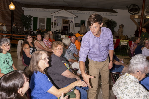 Iowa gubernatorial candidate Rob Sand campaigns in Corydon, Iowa on June 29.