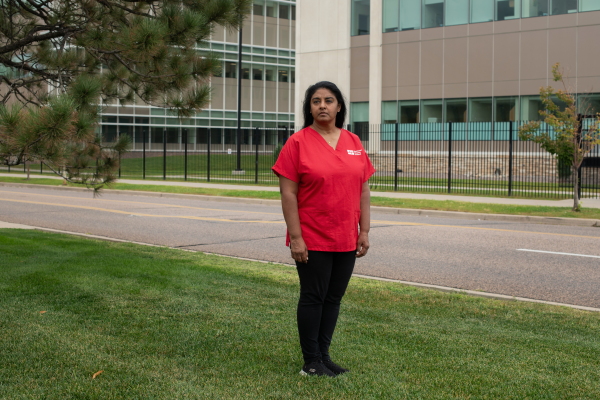 Sharda Fornnarino stands outside the Rocky Mountain Regional VA Medical Center in Aurora, Colo.