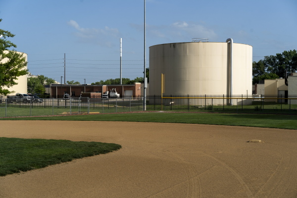 A tank from the A.C. Ward Water Treatment Plant is seen in Des Moines in June. Des Moines Water Works has long treated nitrates in its water supply in the Des Moines and Raccoon Rivers.