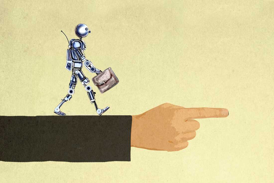 This illustration shows a humanoid robot carrying a briefcase while walking along a large pointing arm.