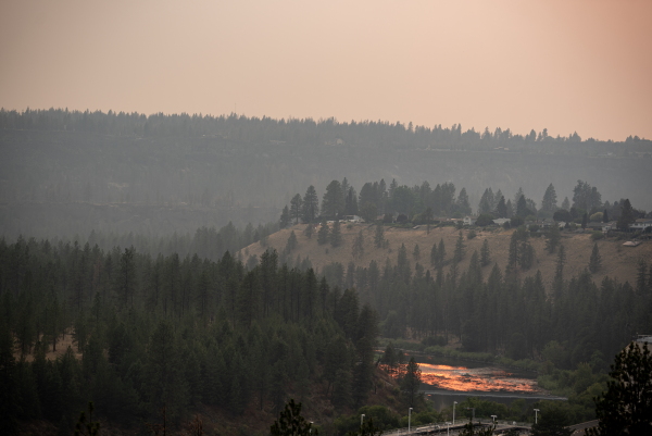 Wildfire is seen in the distance between forested areas and the sky has an orange cast.