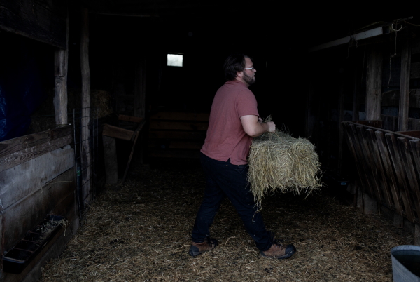 Andrew carries a hay bale in a barn as he prepares to feed their sheep.