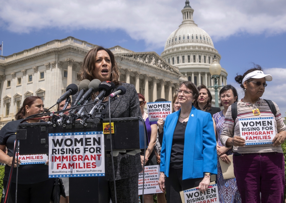 Then-Sen. Kamala Harris, D-Calif., joins a 2018 U.S. Capitol protest against threats by then-President Donald Trump against Central American asylum-seekers to separate children from their parents along the southwest border to deter migrants from crossing into the United States. (AP)