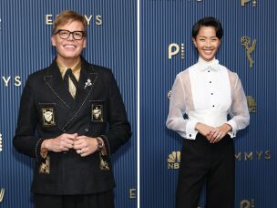 Actor Jeff Hiller and <em>Top Chef</em> host Kristen Kish attend the Emmy Awards.