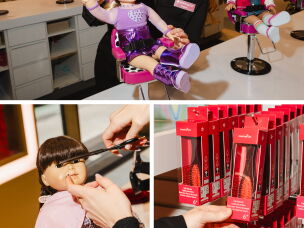 <strong>Top:</strong> Caley Aristy adjusts a doll at the salon. <strong>Left:</strong> Emily Friedrichsen trims the bangs of a doll belonging to NPR's Samantha Balaban. <strong>Right:</strong> Doll hairbrushes are for sale at the American Girl store.