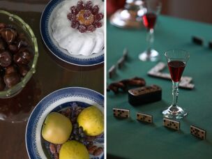 Tables are set up with displays of upper-class dining at the William Paca House in Annapolis. <strong>Left:</strong> A table is set with fruit, nuts and cake. <strong>Right:</strong> Another table is set with dominoes and replica glasses of punch.