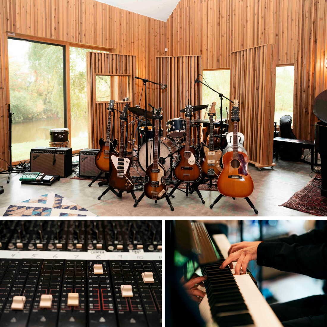 Top: A variety of guitars are set up next to a drum kit and other musical equipment at Long Pond Studio. Left: A section of Dessner's audio console. Right: Dessner plays the piano.