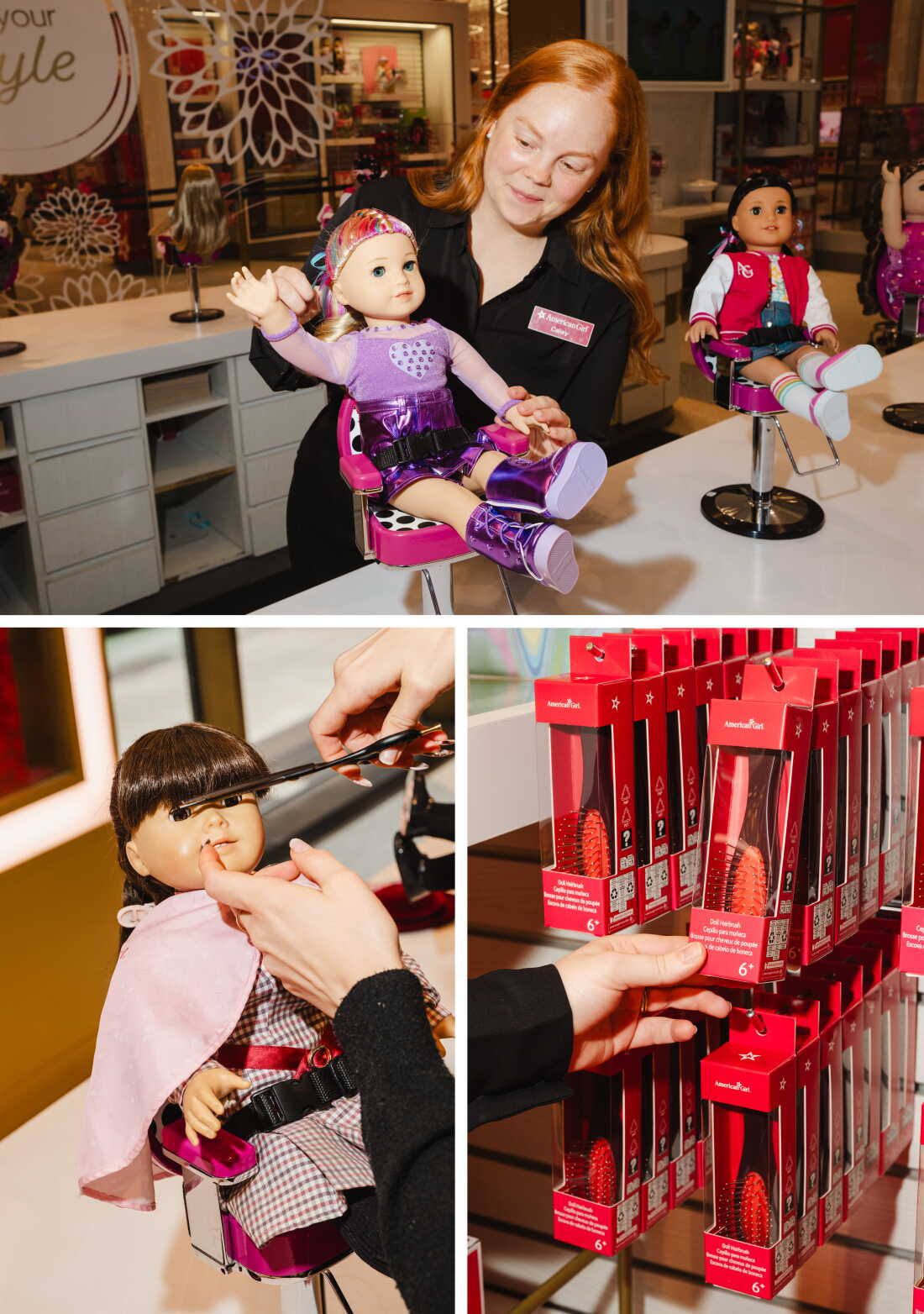 Top photo: Caley Aristy adjusts the arms of a doll sitting on a living room chair. Photo left: Emily Friedrichsen holds scissors as she cuts the brown bangs of Samantha Balaban's doll, seated on a salon chair. Right photo: Wire-bristled doll hairbrushes are for sale at American Girl Place.