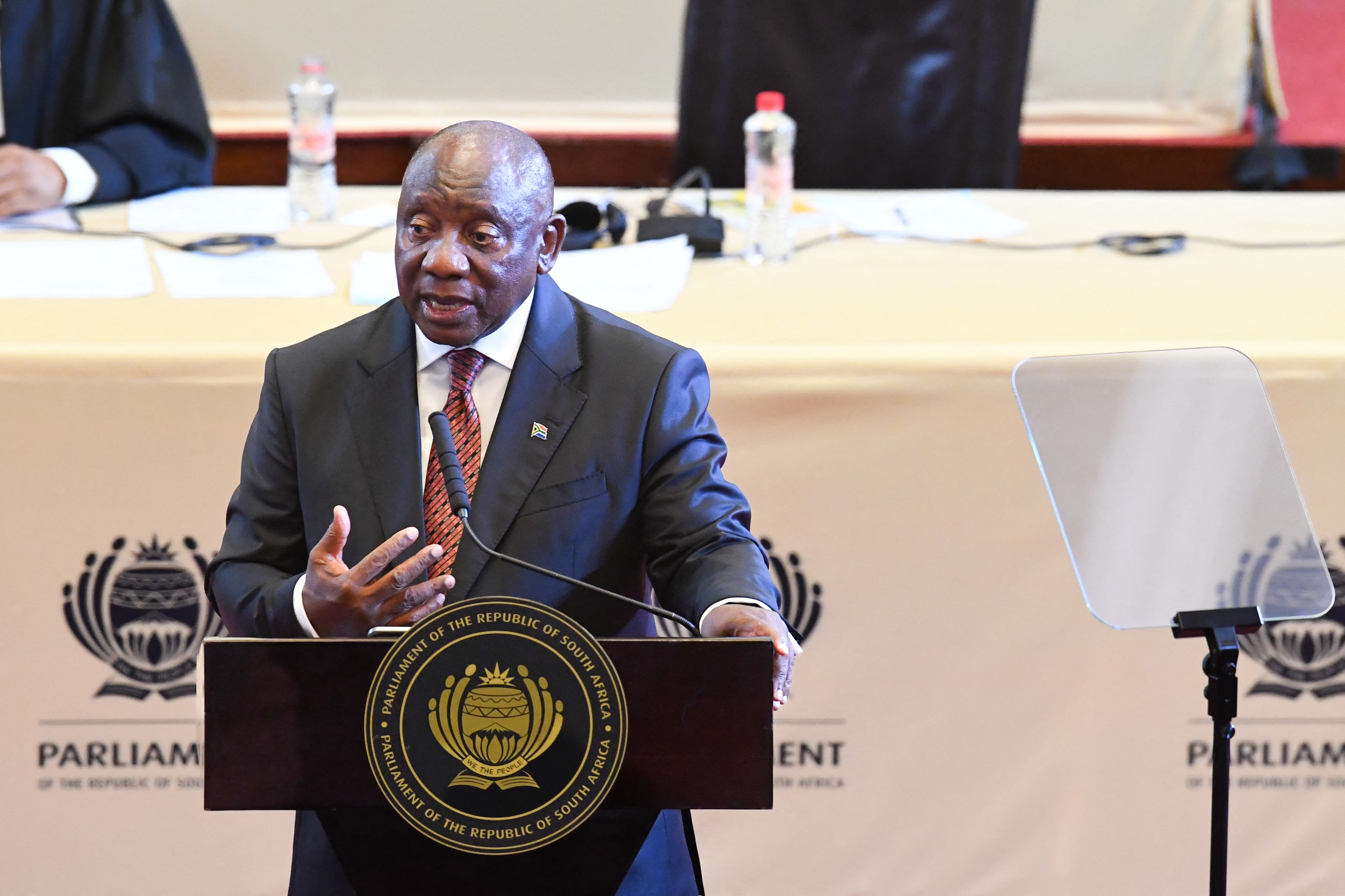South African President Cyril Ramaphosa delivers the State of the Nation address at the Cape Town City Hall on Feb. 6.