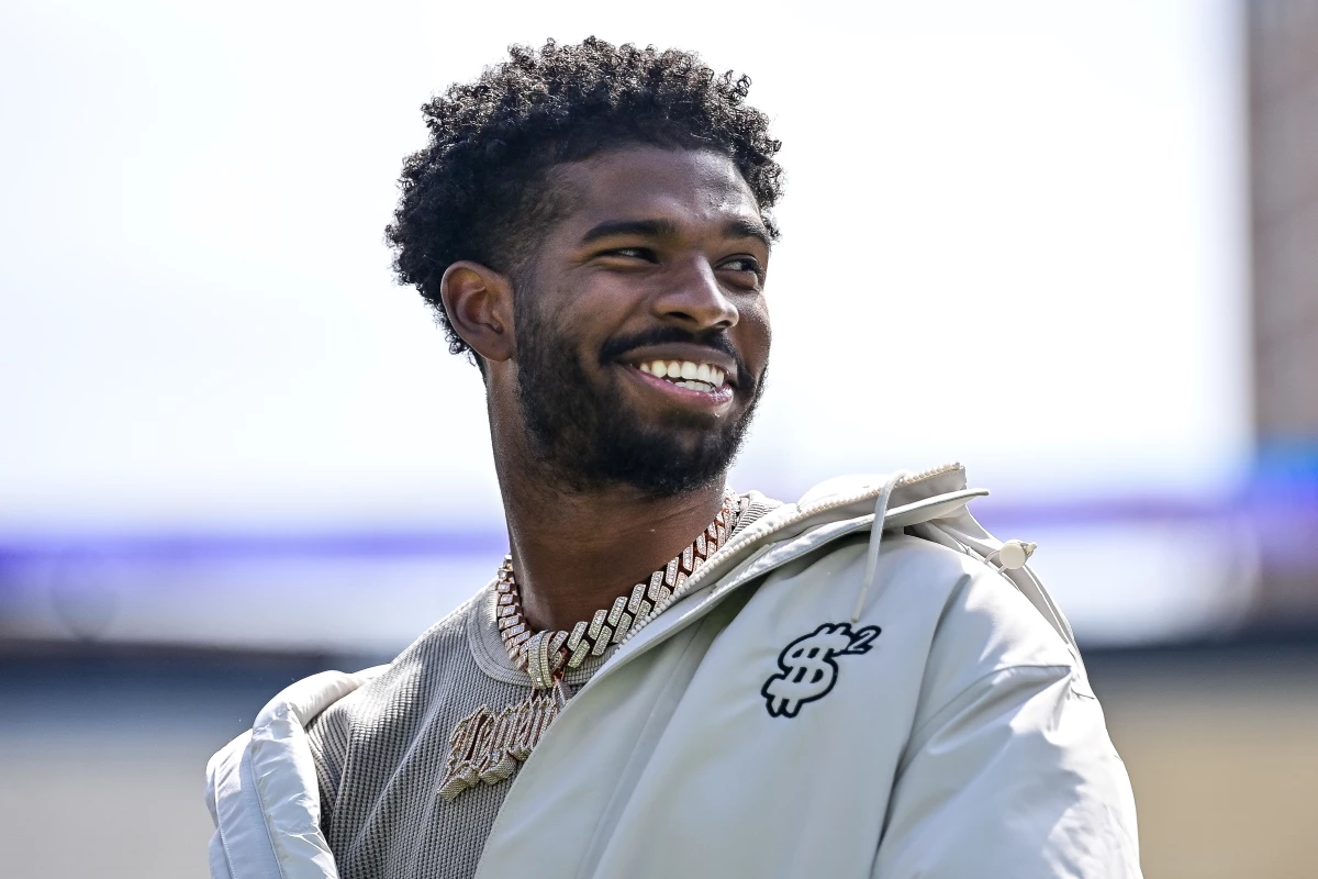 Former Colorado Buffaloes quarterback Shedeur Sanders looks on during a ceremony to retire his jersey before the Black and Gold Spring Game at Folsom Field on April 19 in Boulder, Colo.