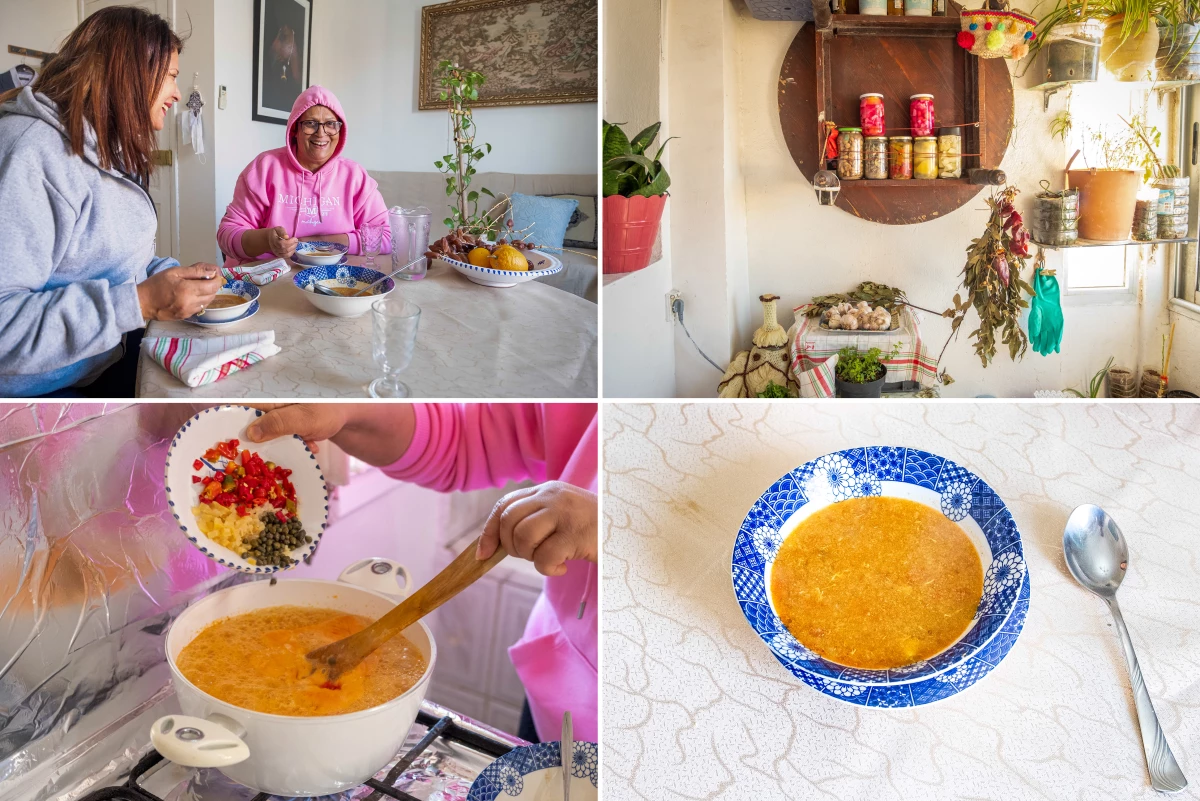 Top row: Neila Nahdi (center) and her sister Noura share a meal of hsou that Neila prepared. Spices and herbs in Neila's kitchen. Bottom row: Neila pours pickled lemons, pickled red peppers and capers into the pot, combining the essential ingredients.
