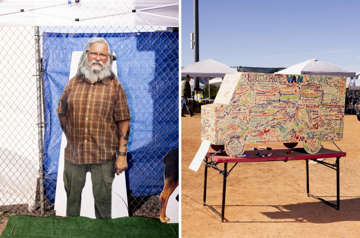Left: A cardboard cutout of the Rubber Tramp Rendezvous Founder Bob Wells at a meet and greet event. Right: The Burning Van which everyone signs and is burned at the end of the Rubber Tramp Rendezvous.