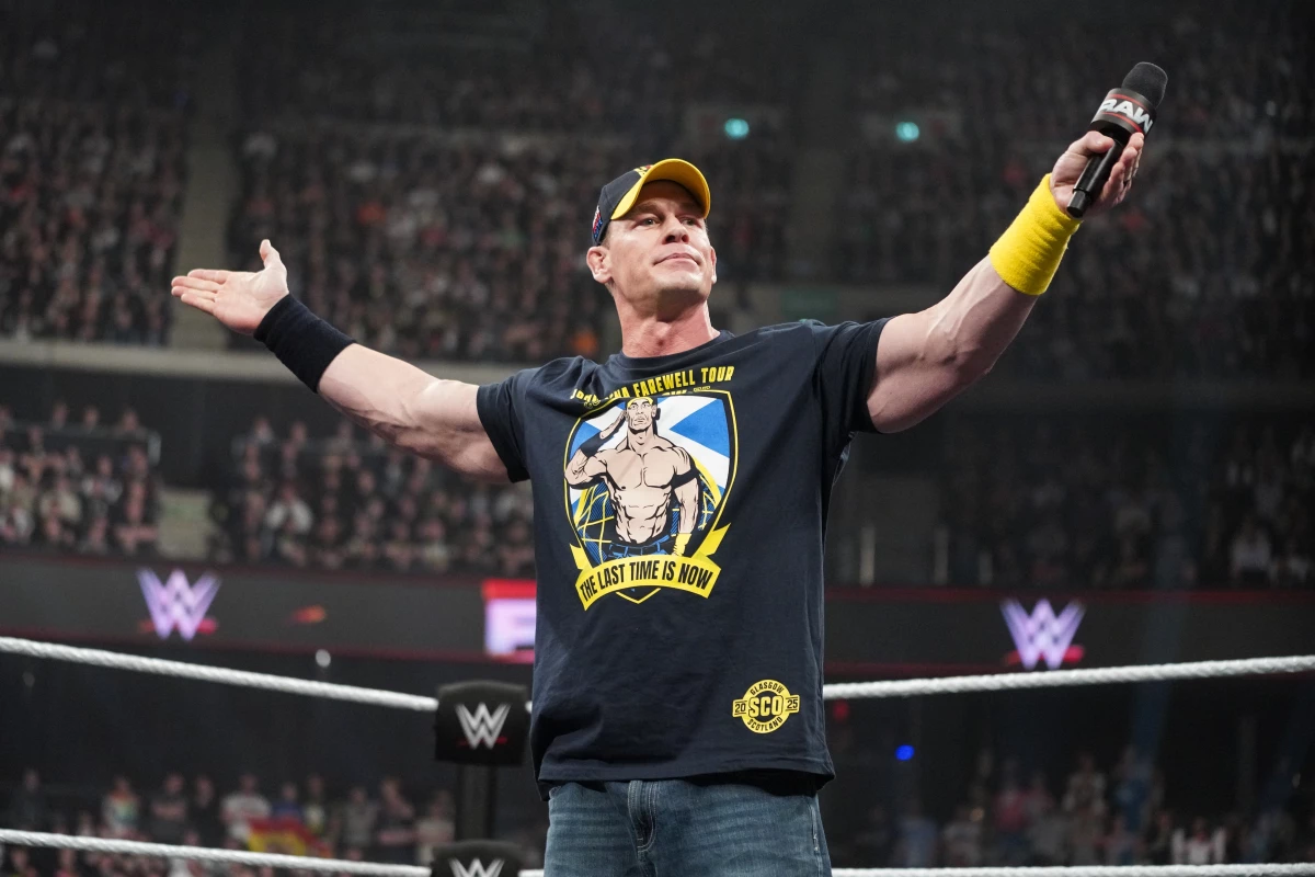 John Cena addresses the crowd during Monday Night RAW at The OVO Hydro on March 24 in Glasgow, Scotland.