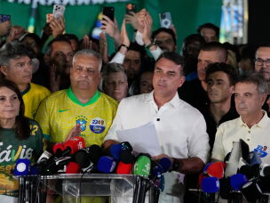 Opposition presidential candidate Sen. Flavio Bolsonaro speaks after the presidential runoff in , Brazil, Sunday, Oct. 25, 2026.