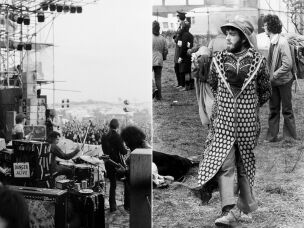 A man wearing a hippie-style coat walks through a field at a music festival held in Bickershaw, England, in 1972. The Grateful Dead (left) was one of the bands featured at the festival.