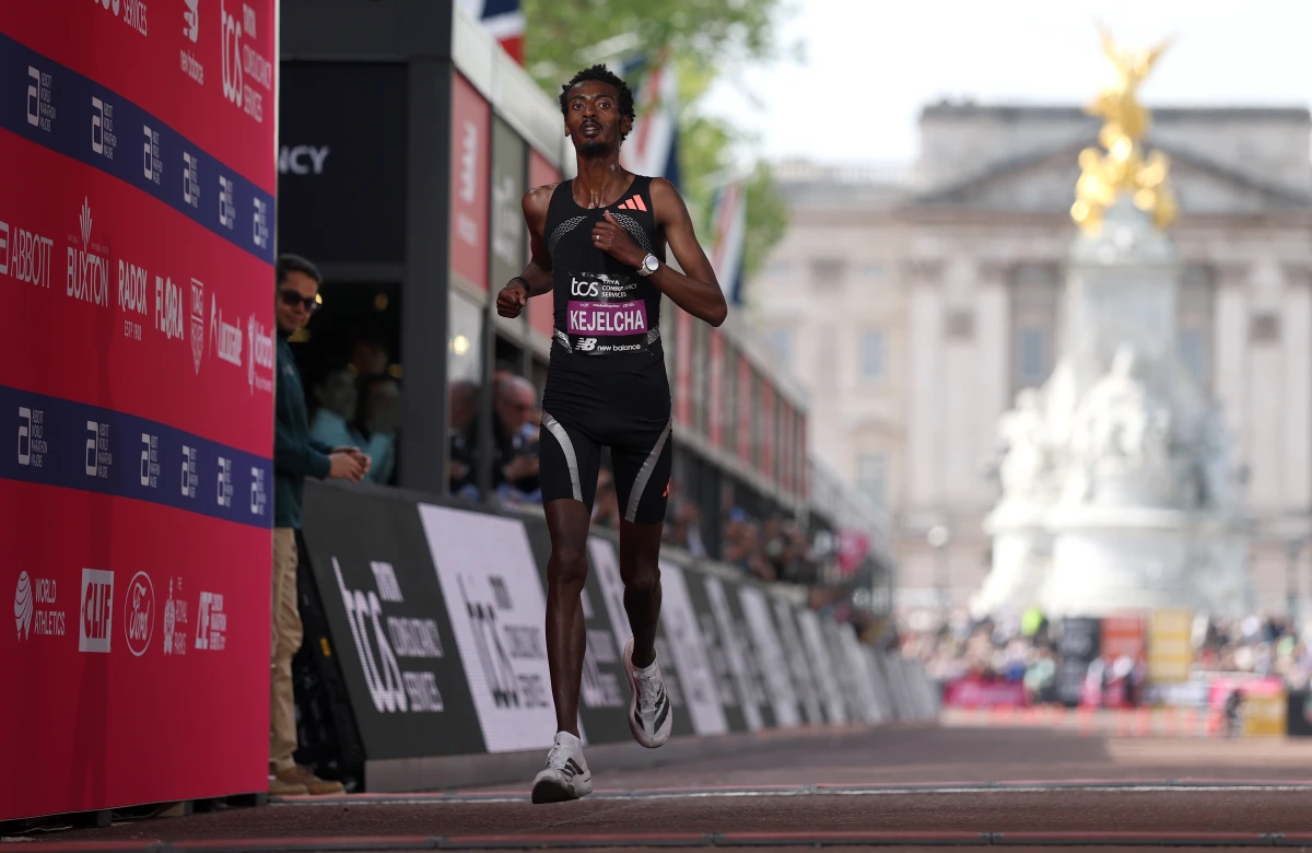 Yomif Kejelcha of Team Ethiopia crosses the line and finishes second during the Men's 2026 TCS London Marathon on April 26, 2026 in London, England.