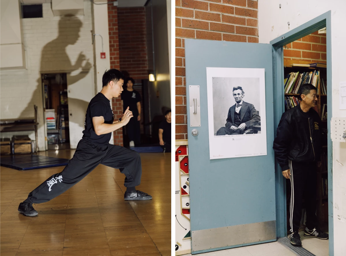 Kenzy Shaw practices a kung fu form (left) and one of the parents assists with the organization at East Wind's headquarters (right) in May 2024.