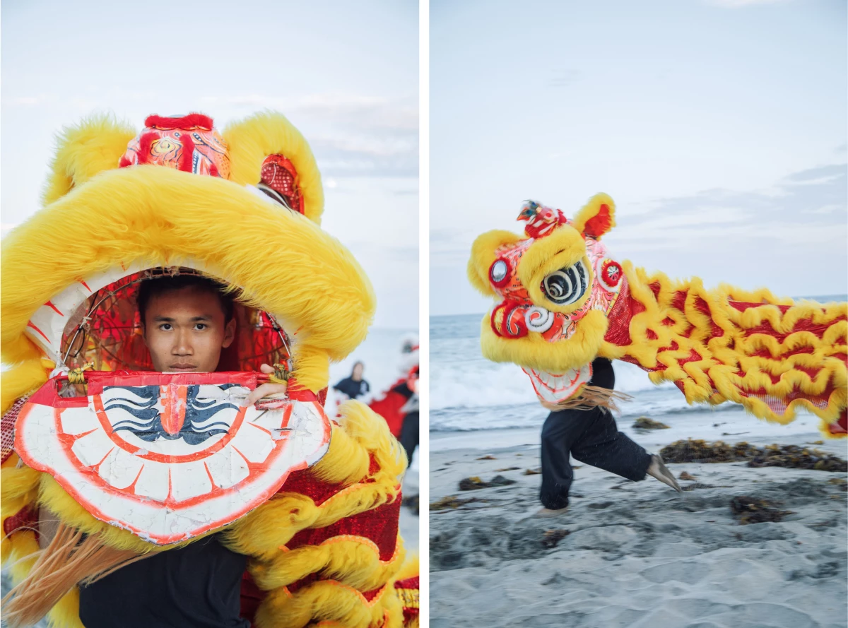 Portraits of Jayden Vuong in a lion costume on Los Angeles' Cabrillo Beach in July 2023.
