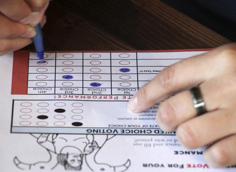 In 2022, voters practiced ranked choice voting with mock ballots like this one.