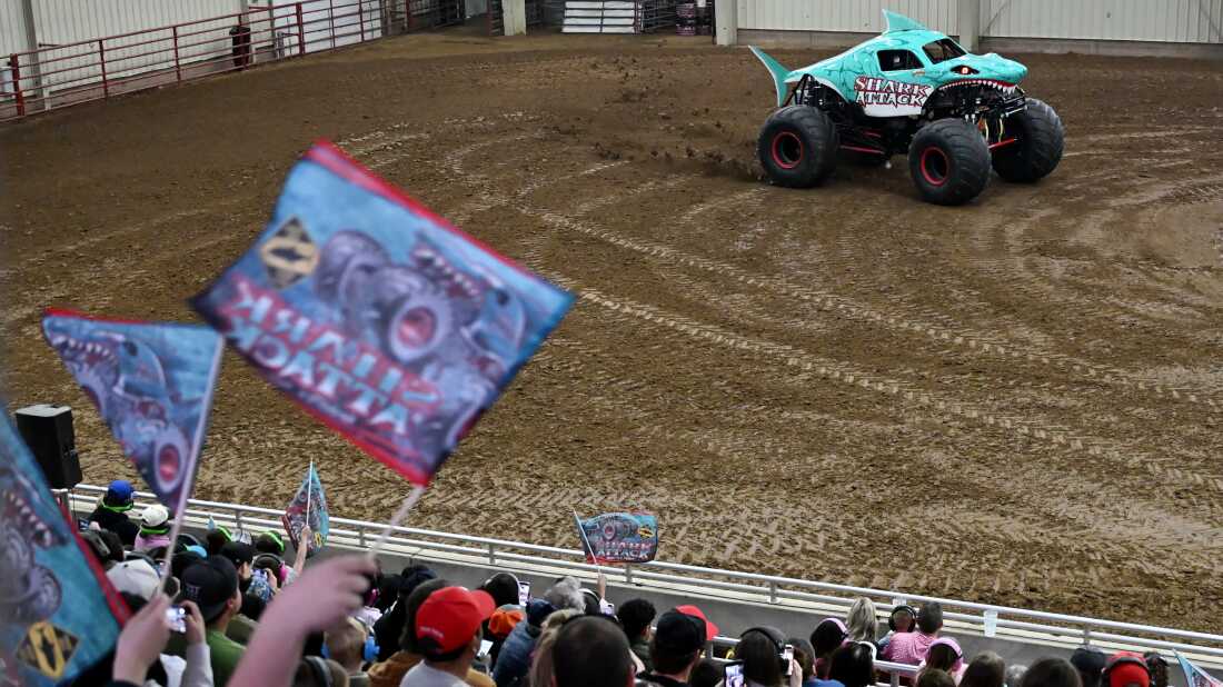 Shark Attack drives on the dirt course during Monster Truck Wars on Feb. 14, 2026, in Levelland, Texas.