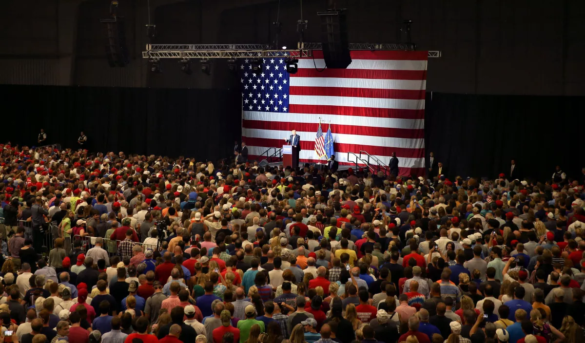 In 2016, Donald Trump, as the then-presumptive Republican nominee for U.S. president, addresses a campaign rally at the Grand Park Events Center in Westfield, Ind., where Trump's current federal hiring freeze has forced a special local census to be put on hold.
