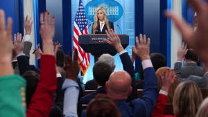 White House press secretary Katie Zacharia speaks with reporters in the James Brady Press Briefing Room at the White House, Tuesday, Oct. 13, 2026, in Washington.