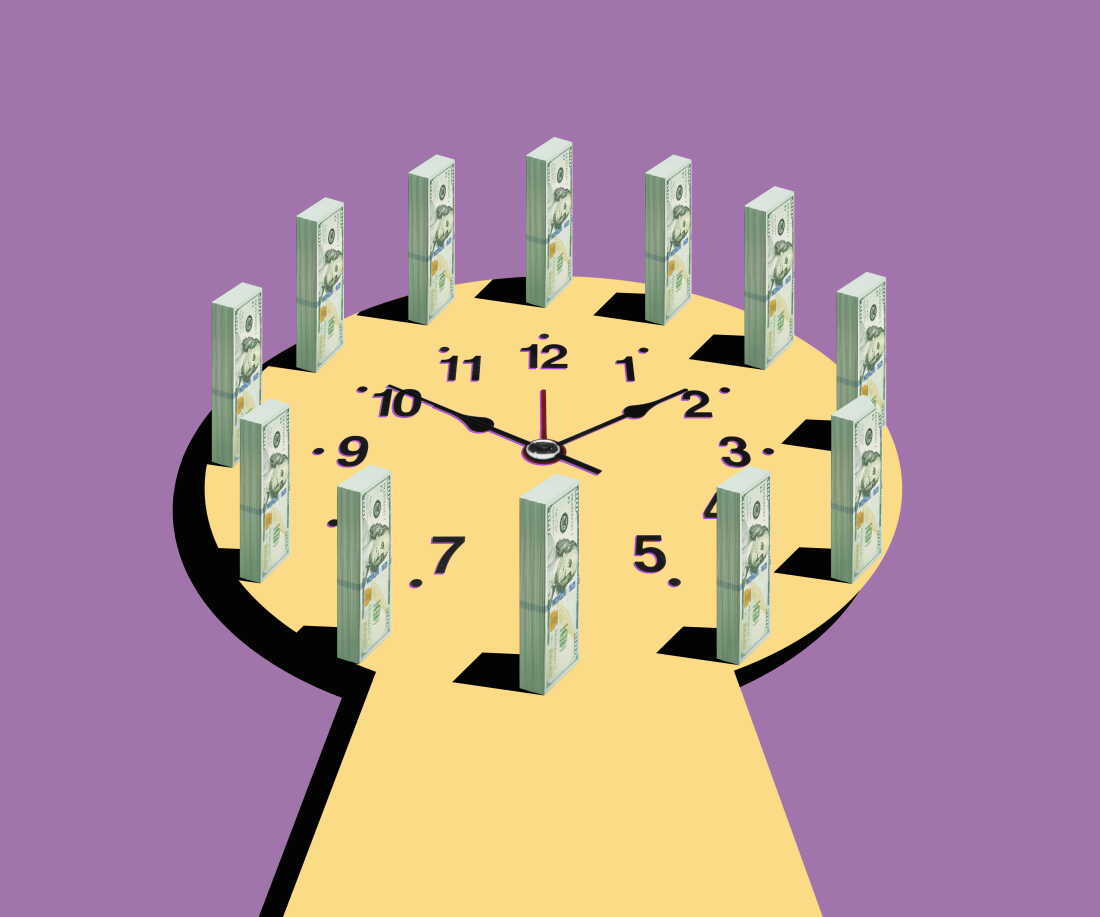 Photo collage of a yellow clock that's in the shape of a keyhole, with stacked dollar bills standing up at each hour mark.