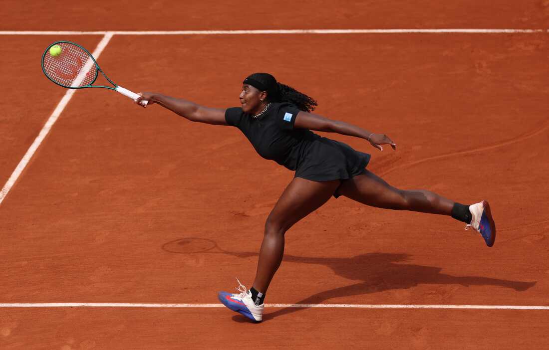 Hailey Baptiste of United States plays a forehand against Madison Keys of United States during the Women's Singles Fourth Round match on Day Nine of the 2025 French Open at Roland Garros on June 02, 2025 in Paris, France.