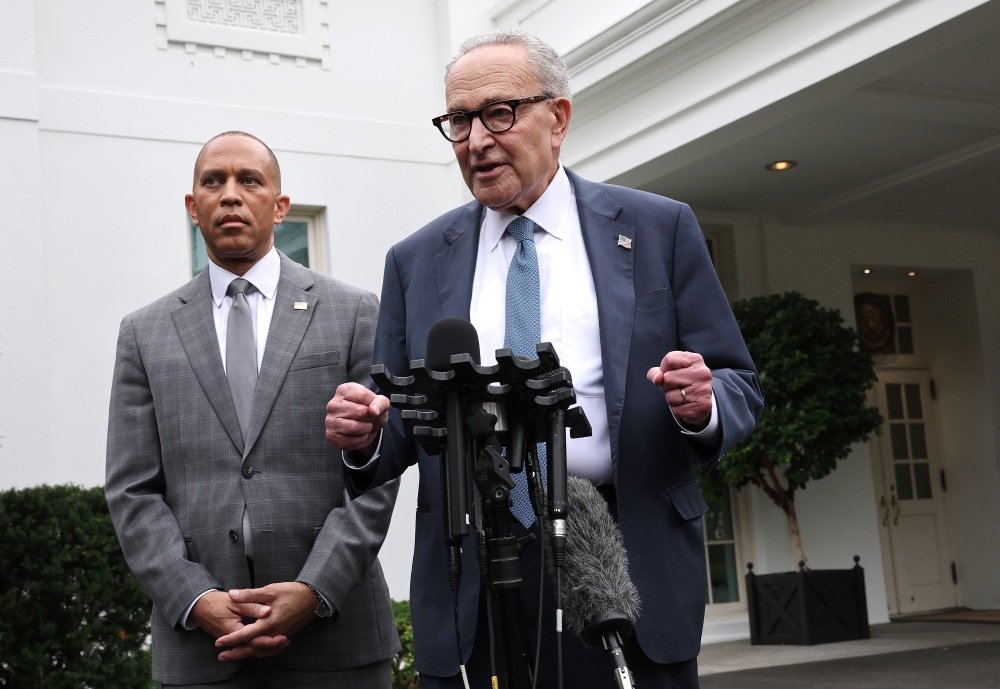 Senate Minority Leader Charles Schumer (right), D-N.Y., and House Minority Leader Hakeem Jeffries, D-N.Y., deliver remarks following a meeting with President Trump at the White House on Monday in Washington, D.C. (Getty Images)