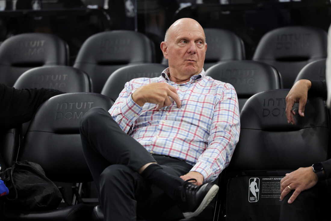 Los Angeles Clippers owner Steve Ballmer sits on the sideline before an NBA basketball game against the Chicago Bulls on March 13, 2026, in Inglewood, Calif.