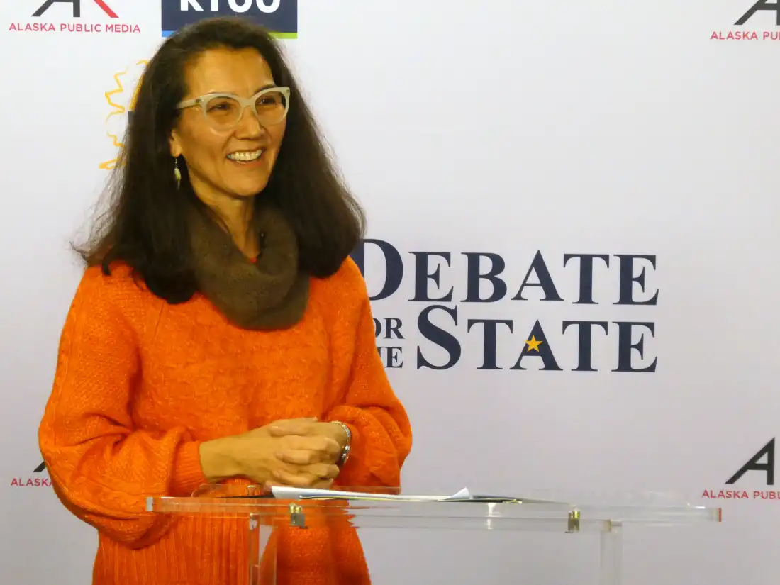 In this photo shot with a smart phone, Democrat Mary Peltola smiles ahead of a debate with Republican U.S. Sen. Dan Sullivan in Alaska's Senate race, Thursday, Oct. 15, 2026, in Anchorage, Alaska. 