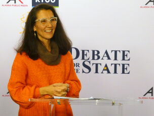 Democrat Mary Peltola smiles ahead of a debate with Republican U.S. Sen. Dan Sullivan in Alaska's Senate race, Thursday, Oct. 15, 2026, in Anchorage, Alaska.