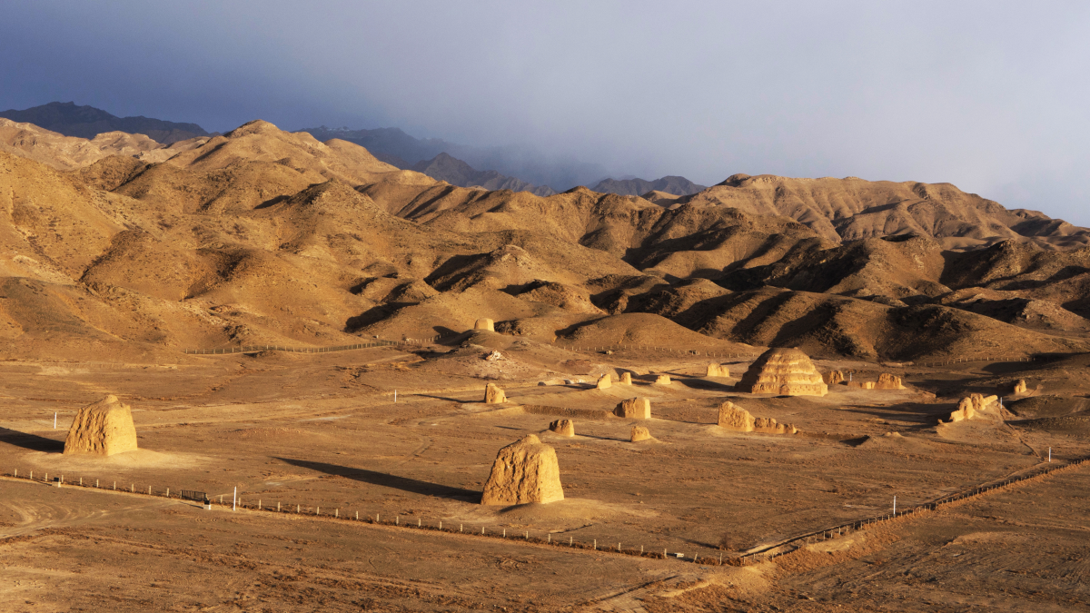 An aerial view of Mausoleum No. 4, part of the imperial tombs of the Xixia Dynasty.