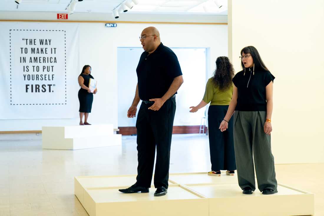 Brianna J. Robinson, left, Travis Leon Williams, Mia Mandineau and Selena Kearney rehearse for the Detroit Opera's production of Apartment House 1776 which runs May 21 to 24.