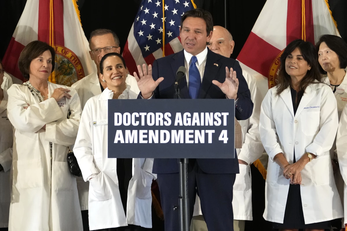 Florida Gov. Ron DeSantis speaks out against a proposed amendment to protect access to abortion during a news conference on Oct. 21, 2024, in Coral Gables, Fla. DeSantis has signed new restrictions on the ballot measure process.