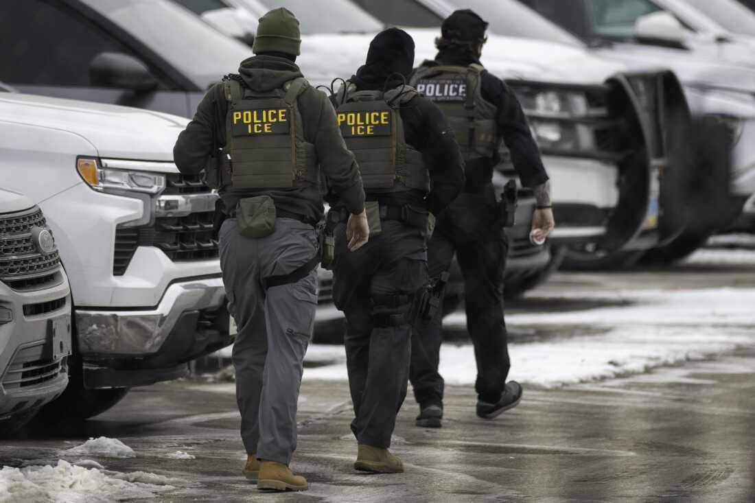 ICE agents depart the Bishop Henry Whipple Federal Building on Feb. 4, 2026 in Minneapolis, Minn.