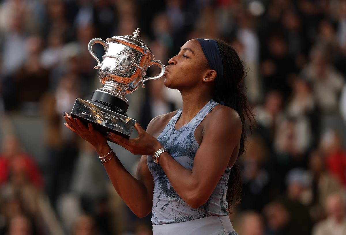 Coco Gauff of the U.S. kisses her trophy after winning the women's singles at the 2025 French Open in June.