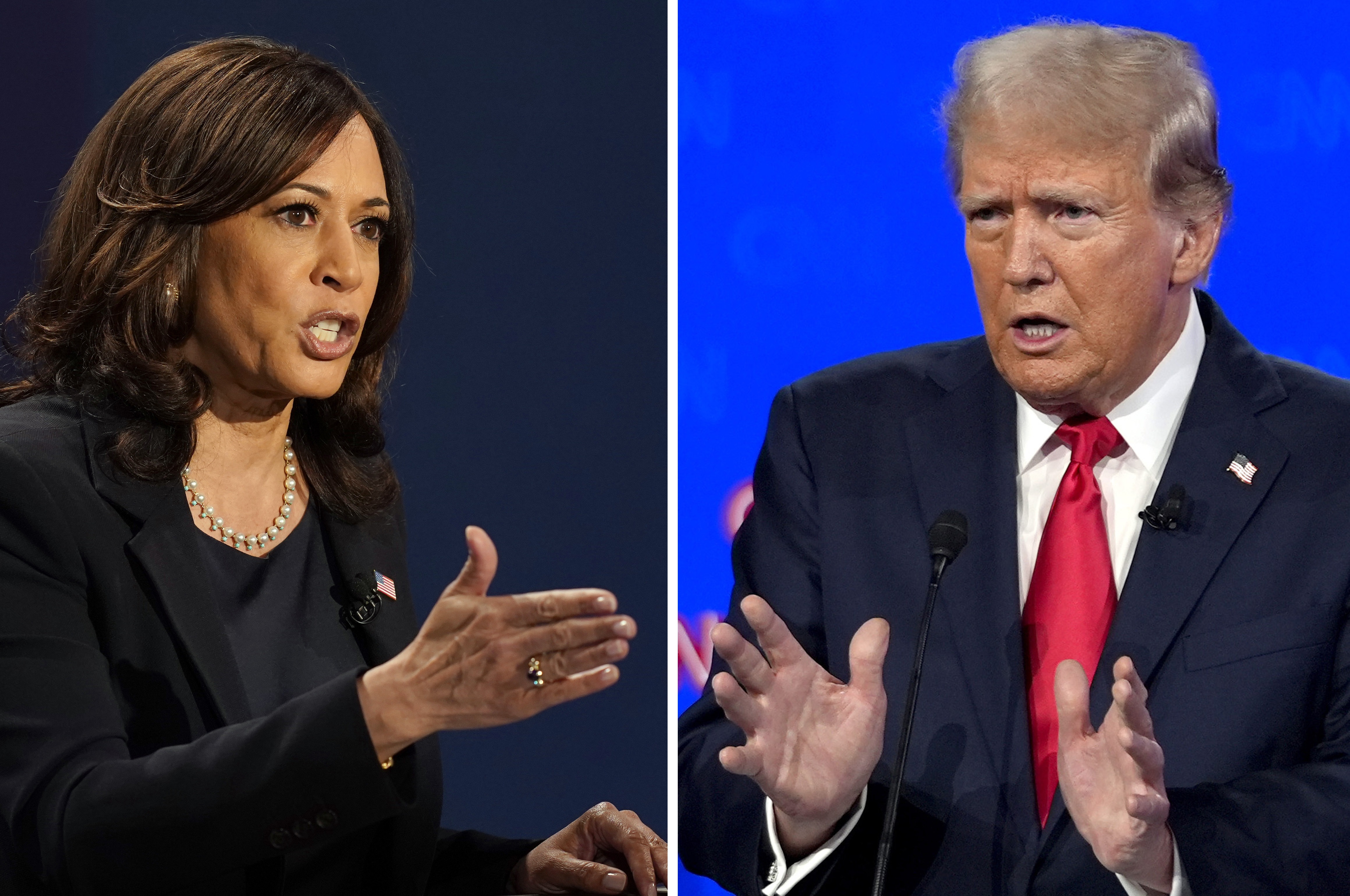 Then-Democratic vice presidential candidate Sen. Kamala Harris, D-Calif., speaks during a debate, Oct. 7, 2020, in Salt Lake City, left, and Republican presidential candidate former President Donald Trump speaks during a debate, June 27, 2024, in Atlanta. (AP)